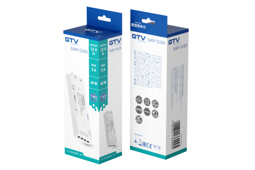 GTV БЛОК ПИТАНИЯ EASY CLICK 220V/12V/60W, IP20, 129x42x16MM, ПРОВОД ВИЛКА 1,5M, РАЗЪЁМ MINI AMP